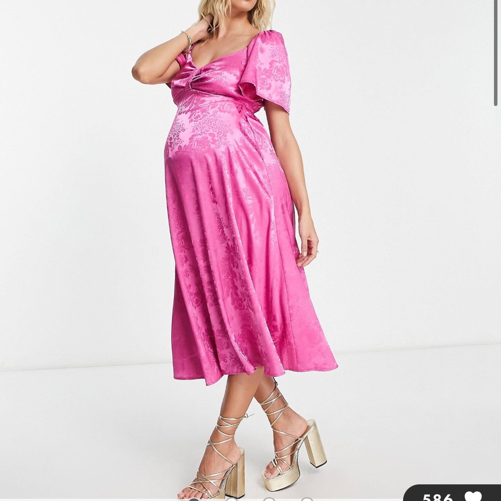 Flounce London Maternity satin flutter sleeve midi dress in hot pink jacquard